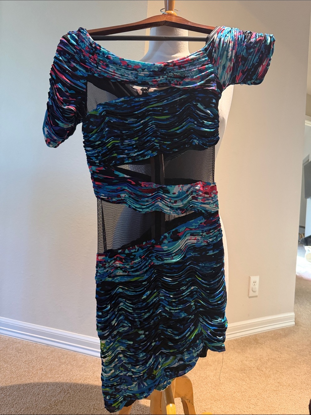 BCBGMaxAzria Blue Multi Ruched Mesh Swim Cover-Up